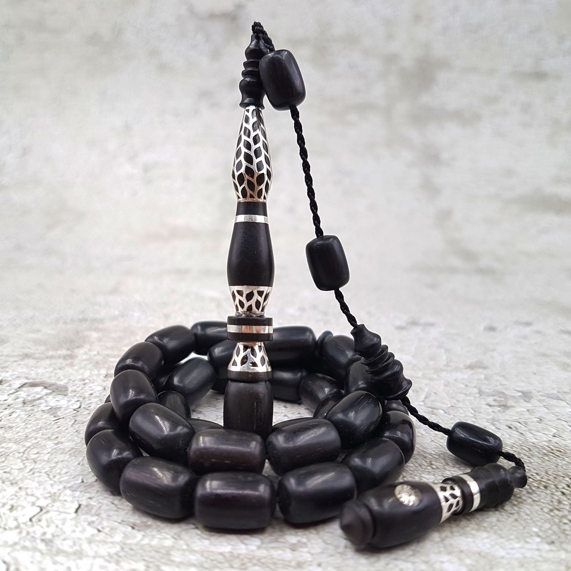 Ercan Şener İmzalı Gümüş Nakkaş Abanoz Tesbih