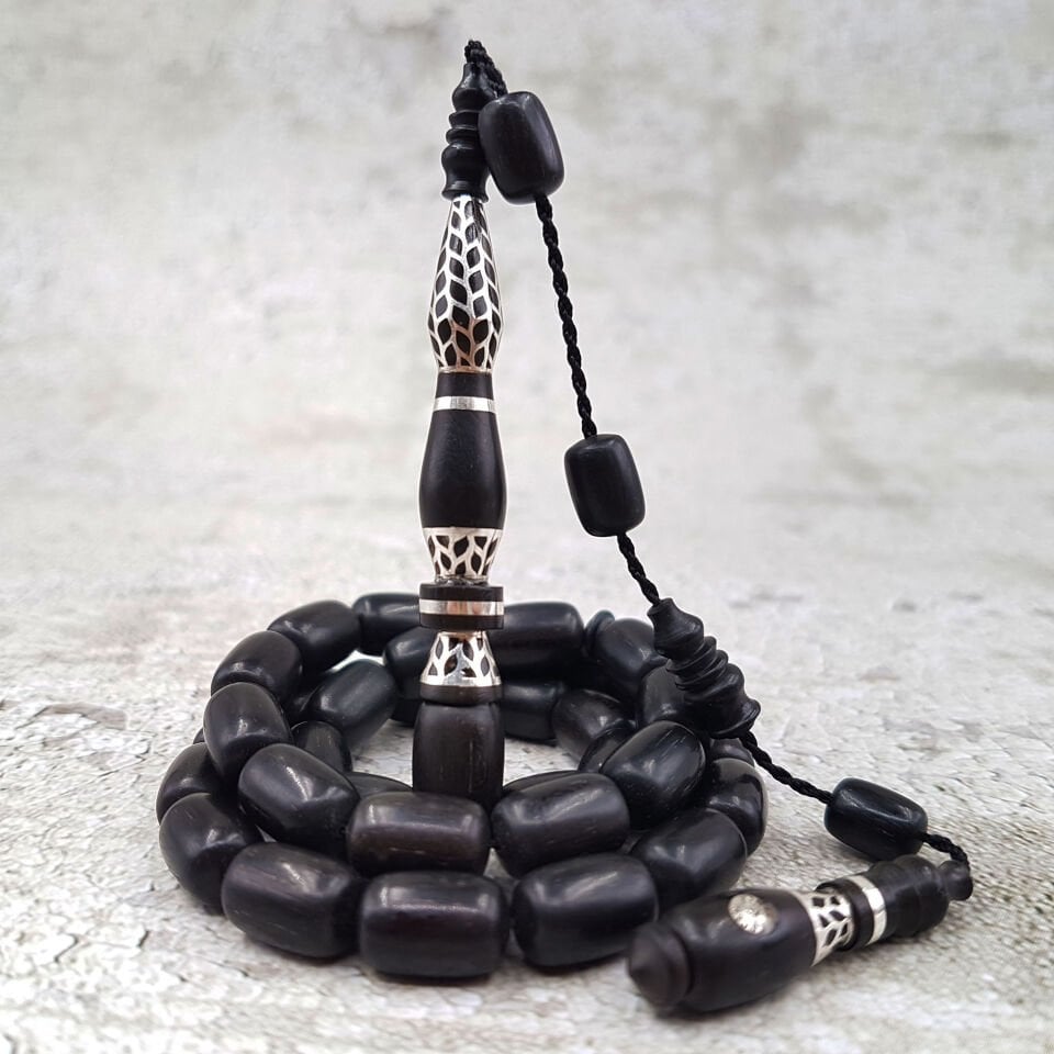 Ercan Şener İmzalı Gümüş Nakkaş Abanoz Tesbih