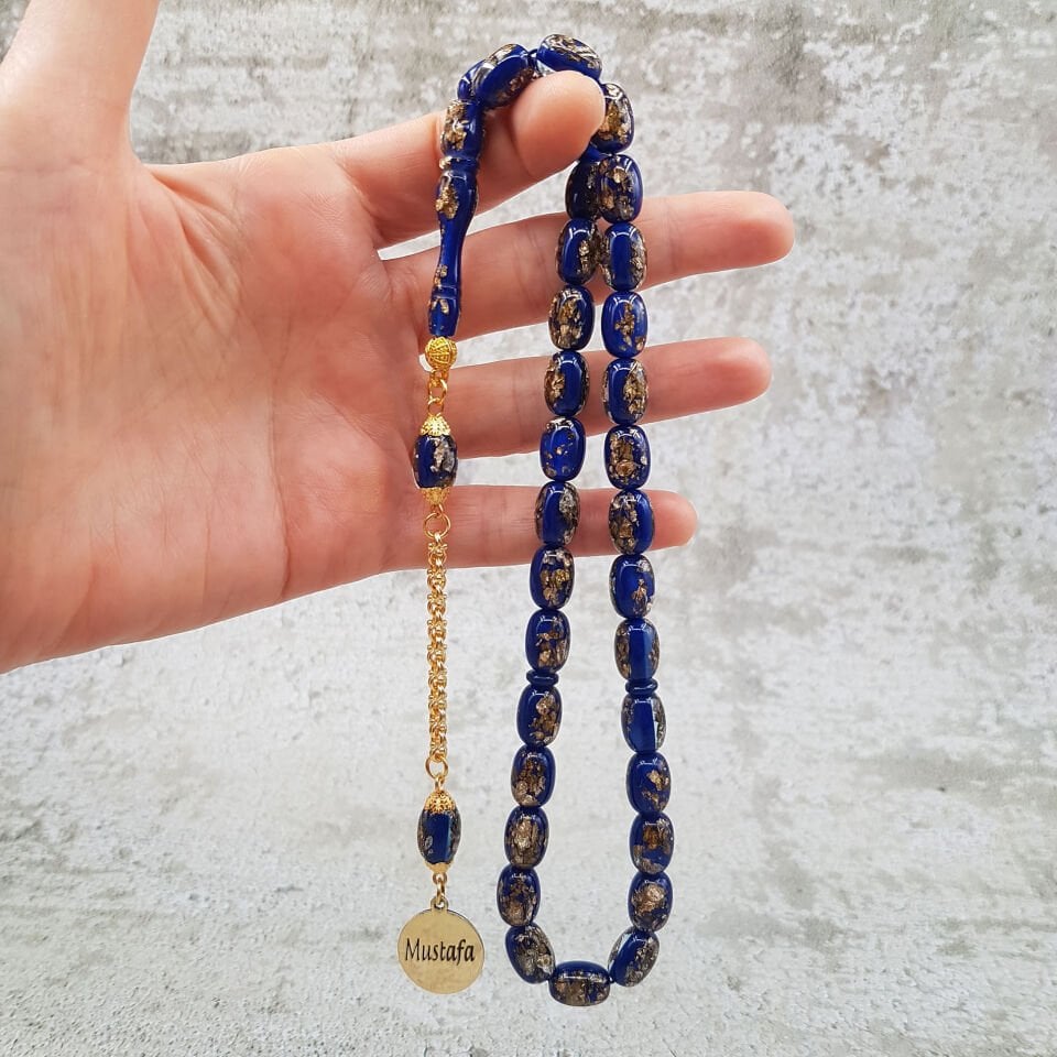 Kişiye Özel Mavi Altın Yaldızlı Uçak Camı Tesbih