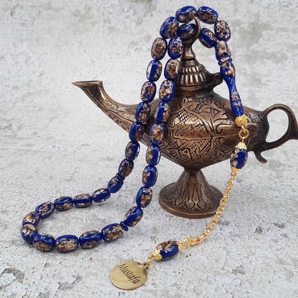 Kişiye Özel Mavi Altın Yaldızlı Uçak Camı Tesbih