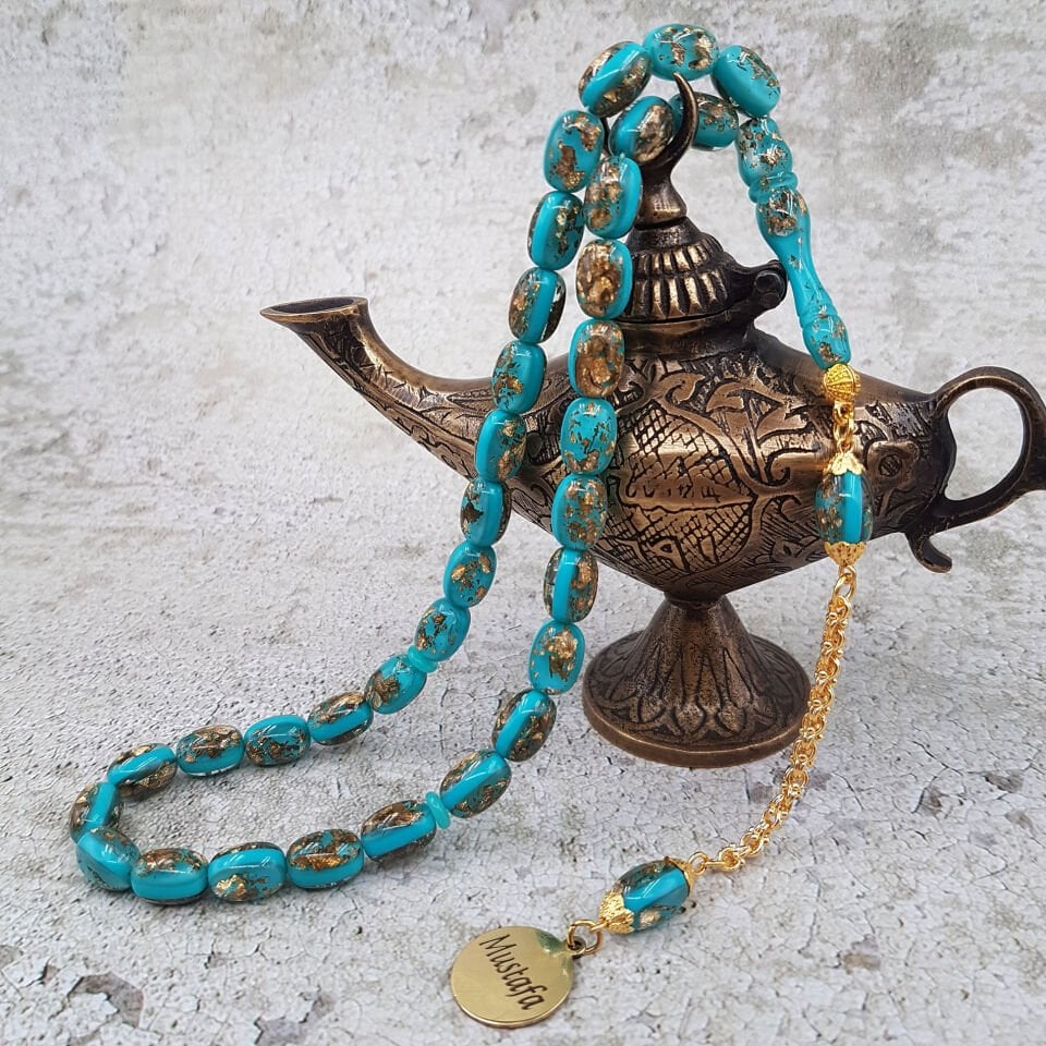 Kişiye Özel Turkuaz Altın Yaldızlı Uçak Camı Tesbih