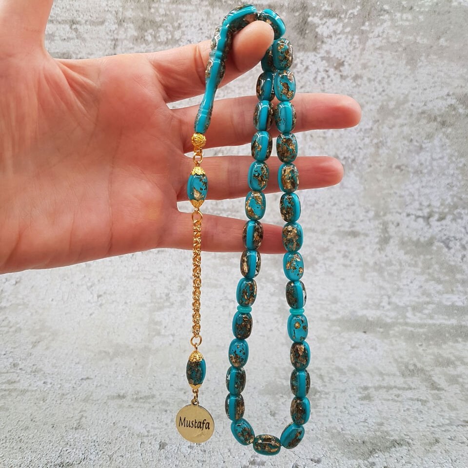 Kişiye Özel Turkuaz Altın Yaldızlı Uçak Camı Tesbih