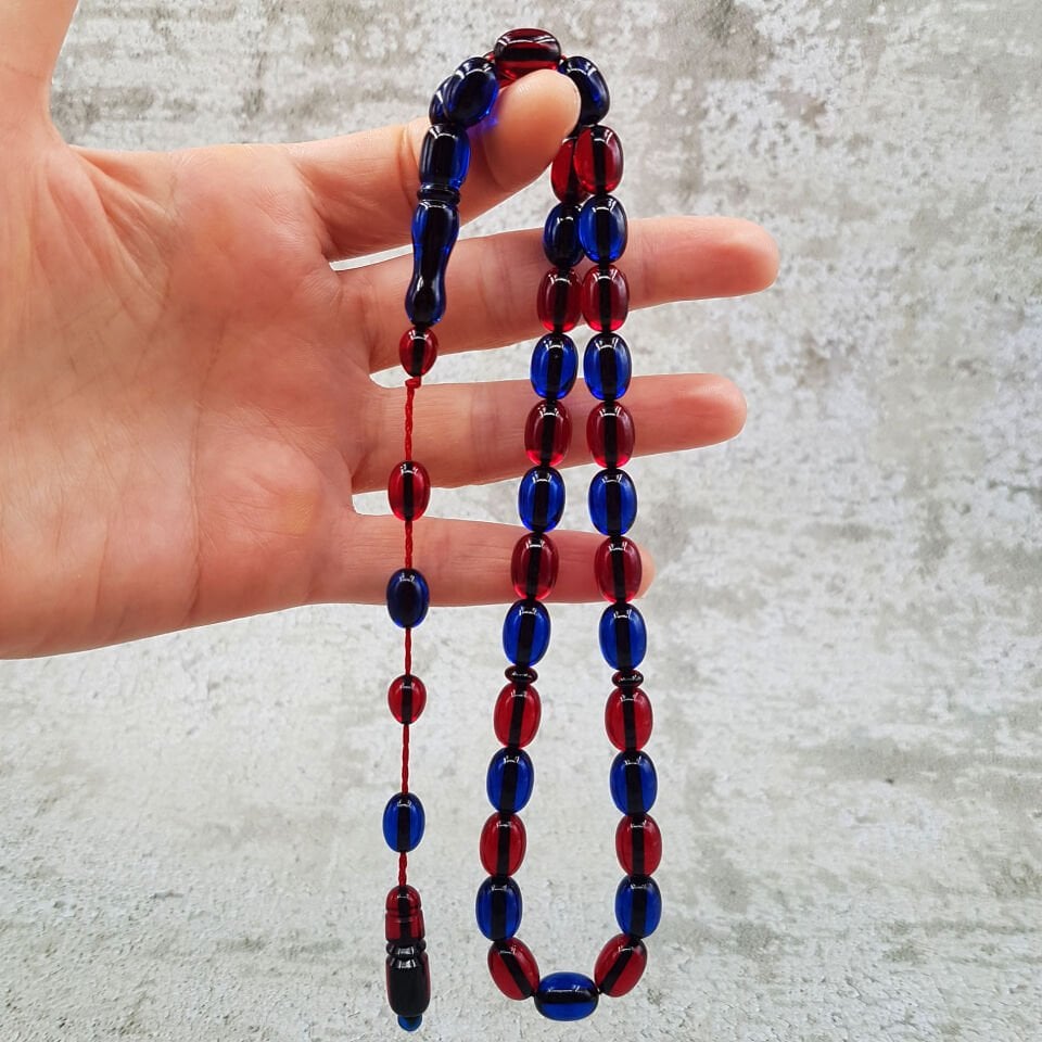 Bordo Mavi Sistemli Ateş kehribar Tesbih