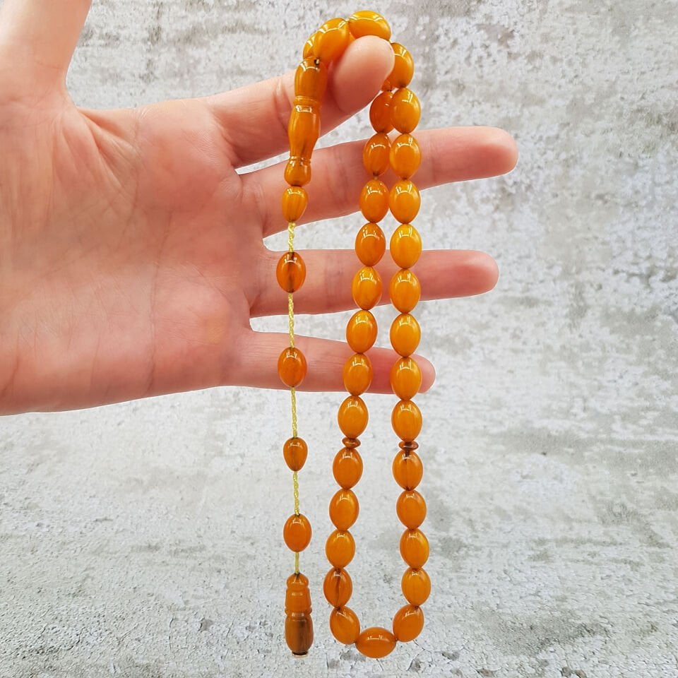Koyu Sarı Beyzi Sıkma Kehribar Tesbih