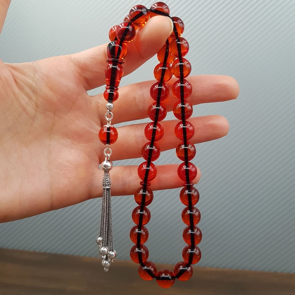 Gümüş Püskül Turuncu Küre Ateş Kehribar Tesbih