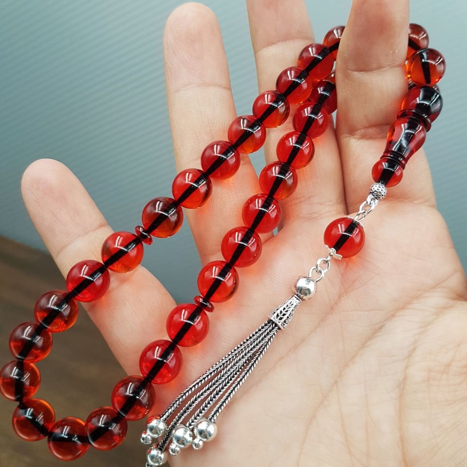Gümüş Püskül Turuncu Küre Ateş Kehribar Tesbih