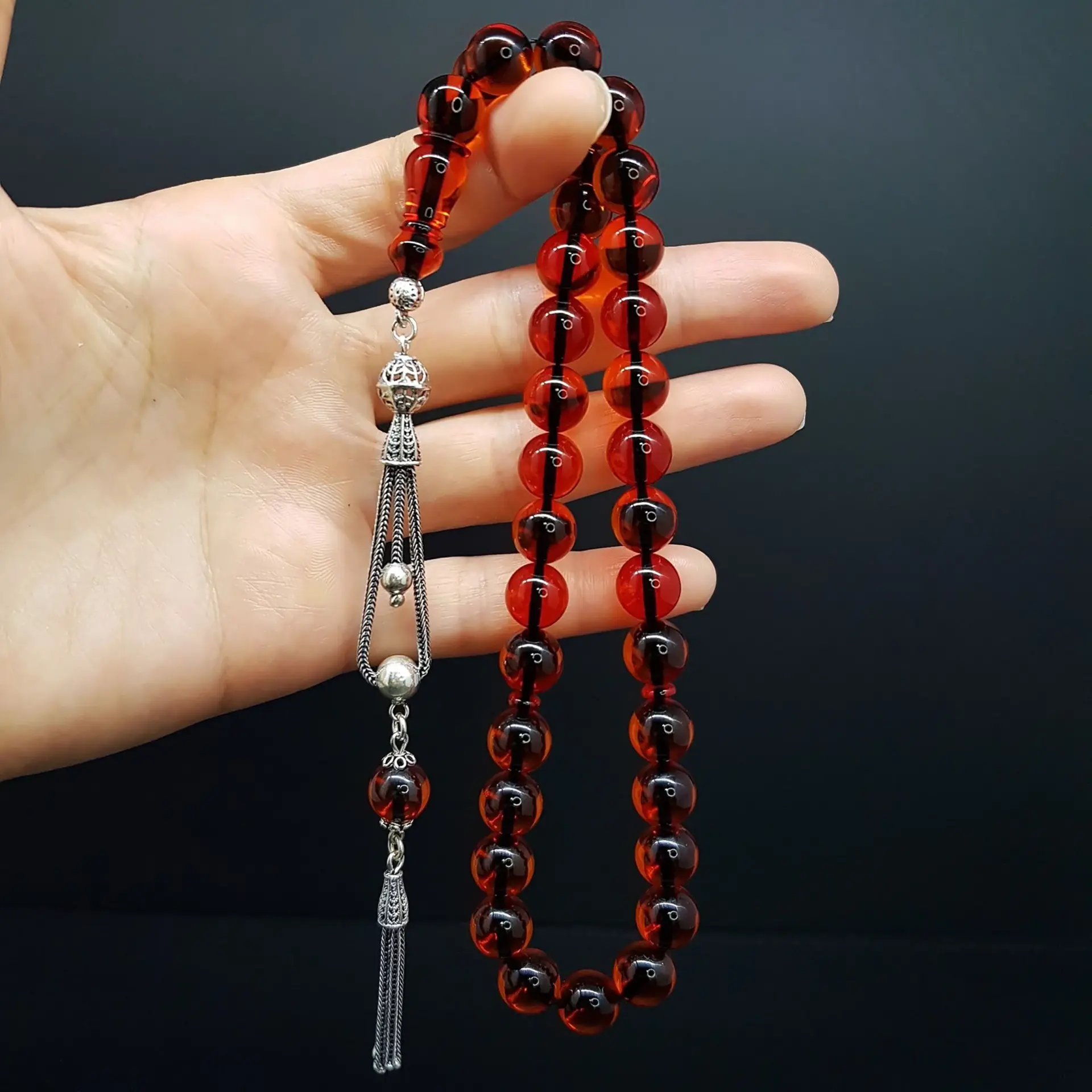 Gümüş Püskül Turuncu Küre Ateş Kehribar Tesbih