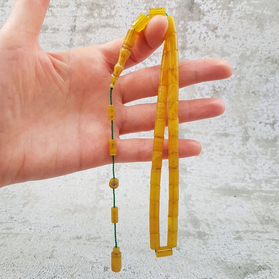 Sarı Kesme Sıkma Kehribar Tesbih