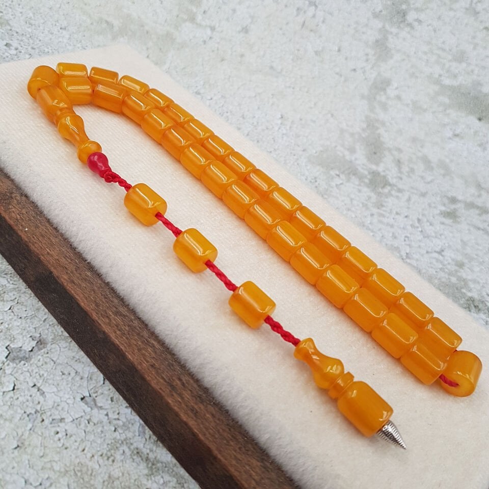 Sarı Oval Kesme Sıkma Kehribar Tesbih