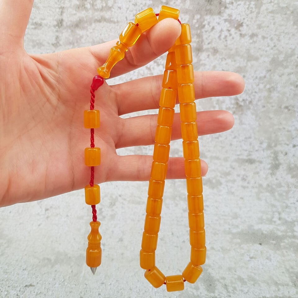 Sarı Oval Kesme Sıkma Kehribar Tesbih