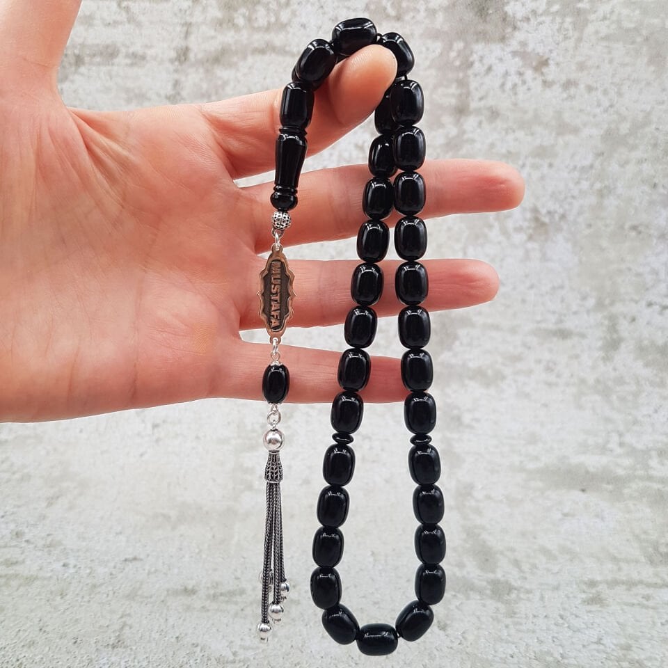 Kişiye Özel İsimli Siyah Sıkma Kehribar Tesbih