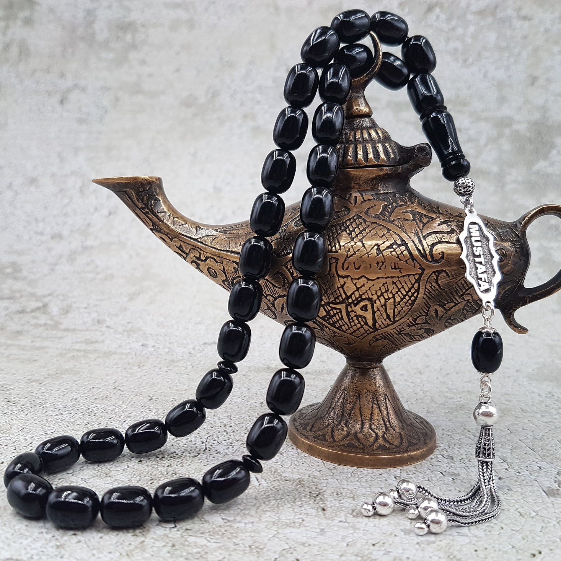 Kişiye Özel İsimli Siyah Sıkma Kehribar Tesbih
