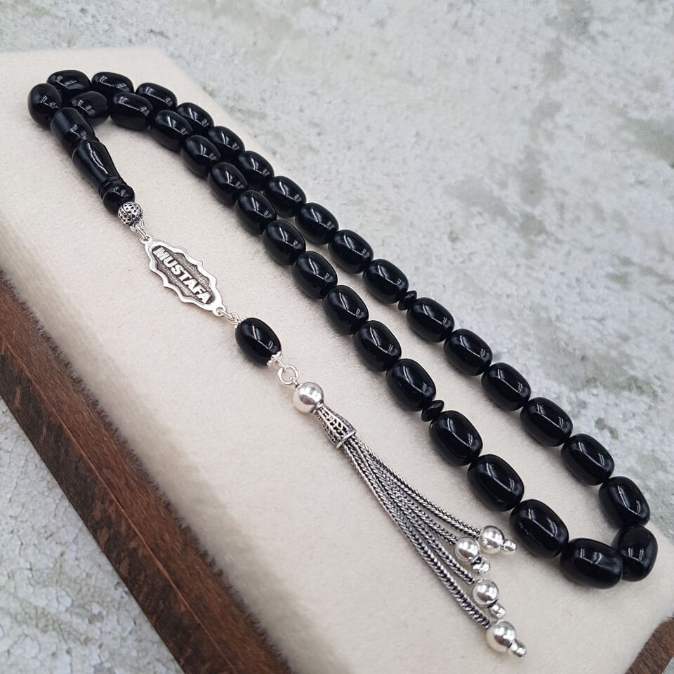 Kişiye Özel İsimli Siyah Sıkma Kehribar Tesbih