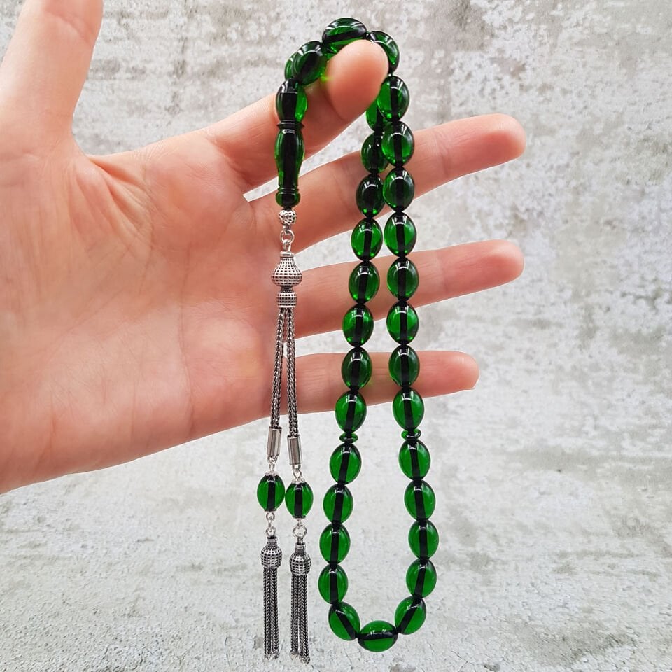 Gümüş Püskül Beyzi Yeşil Ateş Kehribar Tesbih