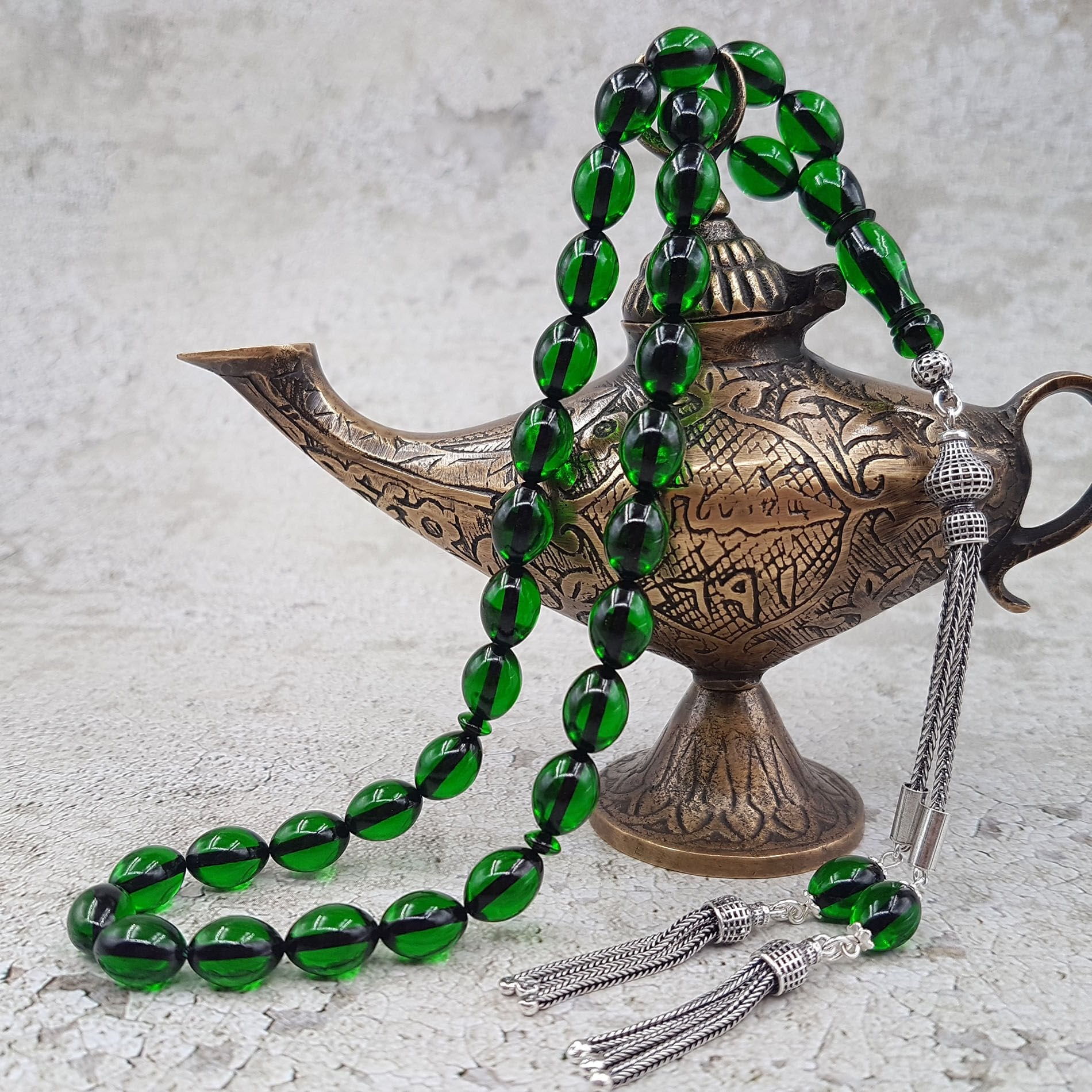 Gümüş Püskül Beyzi Yeşil Ateş Kehribar Tesbih