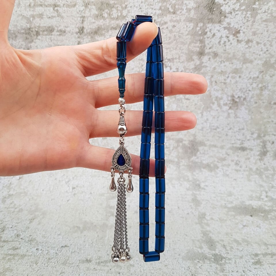 Mavi Kesme Ateş Kehribar Tesbih