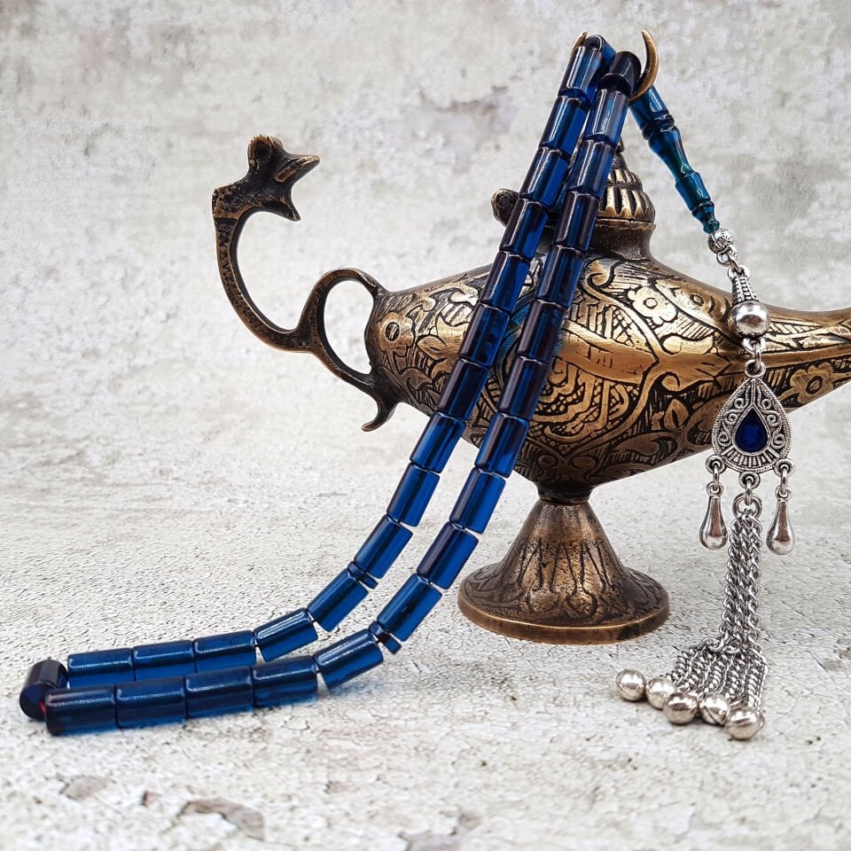 Mavi Kesme Ateş Kehribar Tesbih