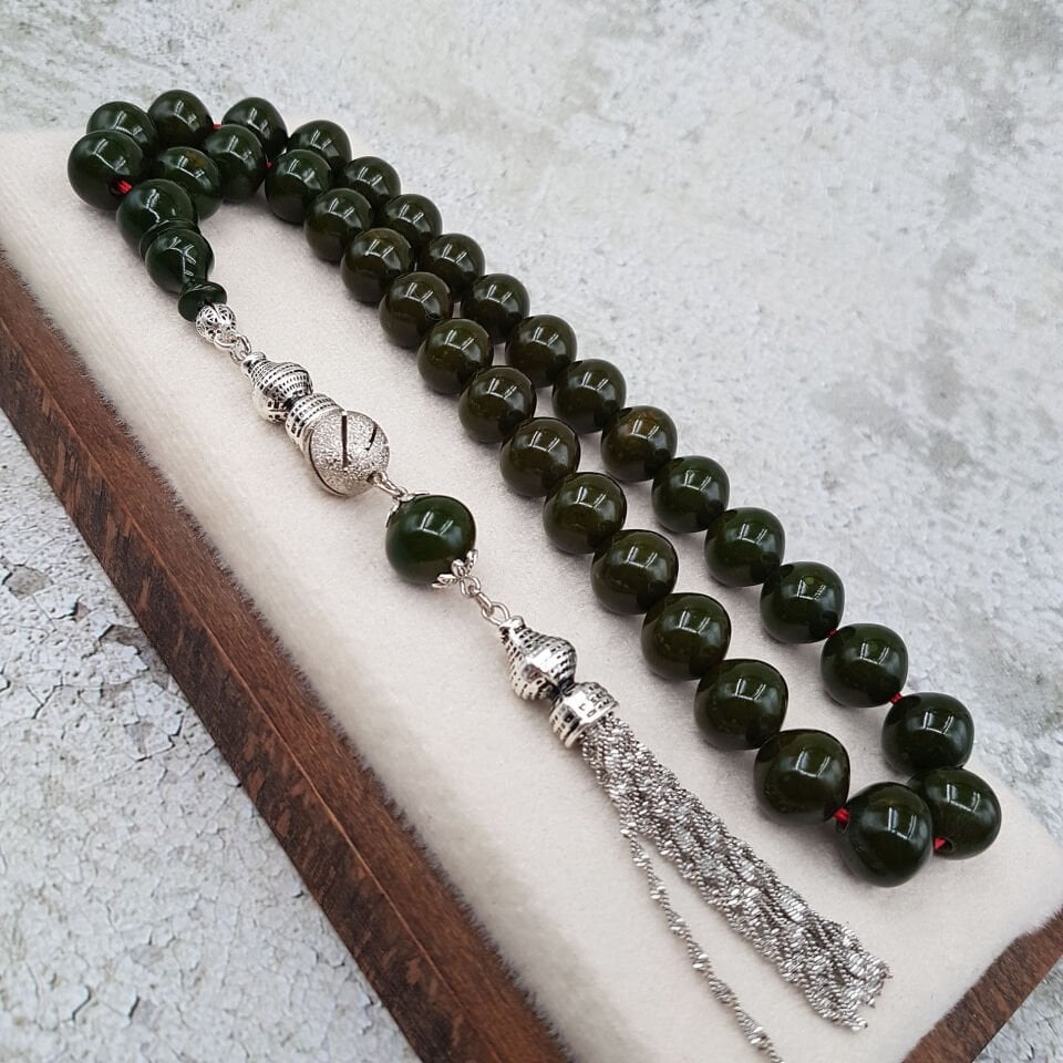 Büyük Boy Sığırcık Kesim Yeşil Sıkma Kehribar Tesbih