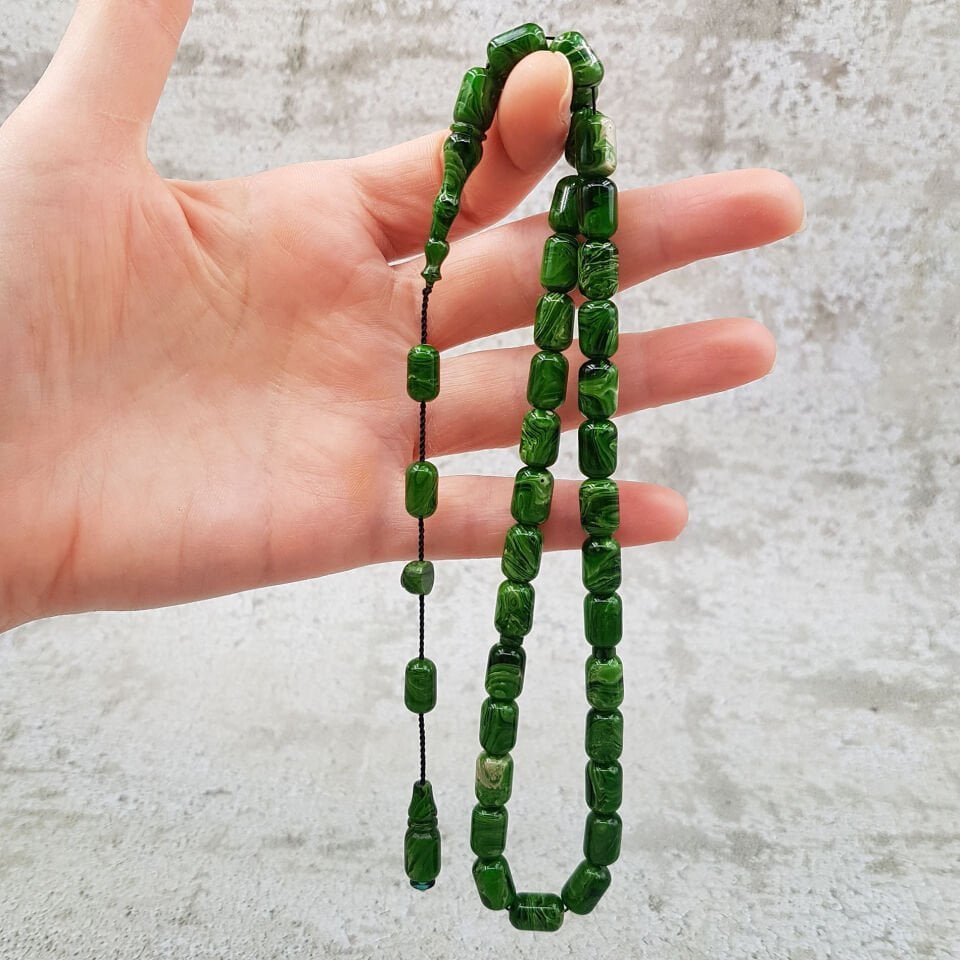 Yeşil Hareli Kapsül Kesim Sıkma Kehribar Tesbih