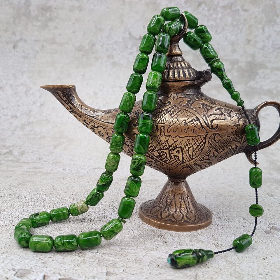 Yeşil Hareli Kapsül Kesim Sıkma Kehribar Tesbih