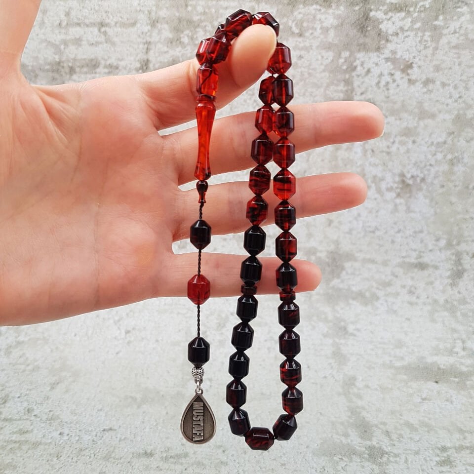 Gümüş İsimli Turuncu Siyah Ateş Kehribar Tesbih