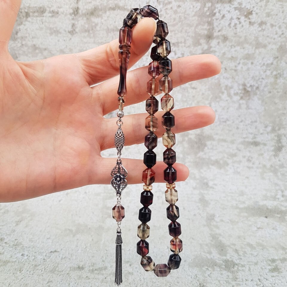 Gümüş Püskül Hareli Ateş Kehribar Tesbih