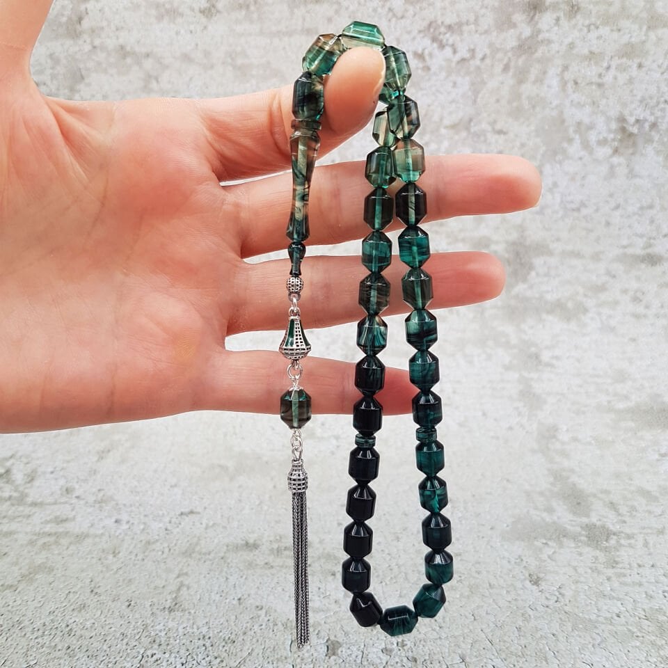 Gümüş Püskül Su Yeşili Renk Süzme Ateş Kehribar