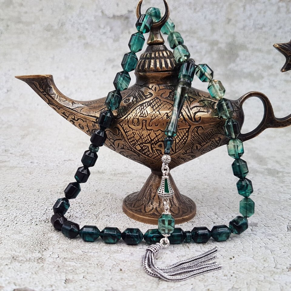 Gümüş Püskül Su Yeşili Renk Süzme Ateş Kehribar