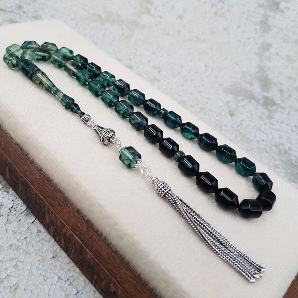 Gümüş Püskül Su Yeşili Renk Süzme Ateş Kehribar