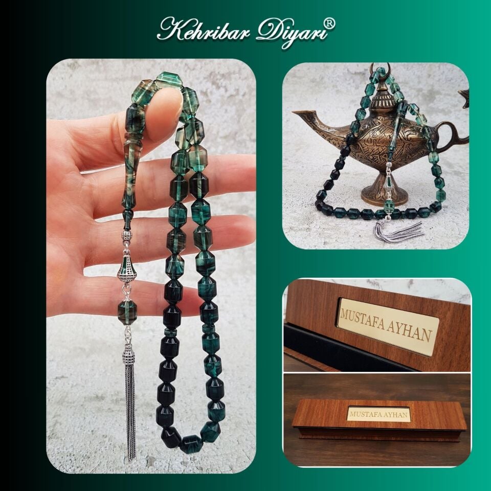 Gümüş Püskül Su Yeşili Renk Süzme Ateş Kehribar