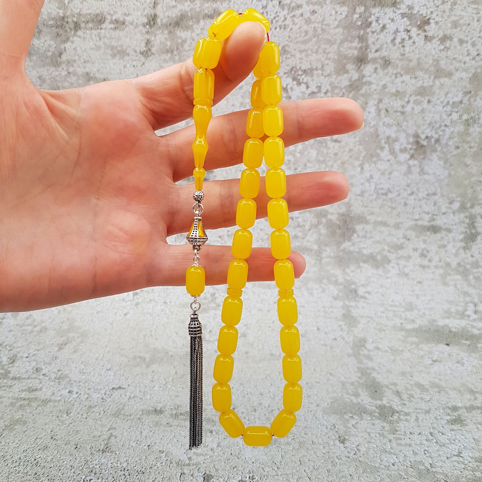 Gümüş Püskül Sarı Kapsül Sıkma Kehribar Tesbih