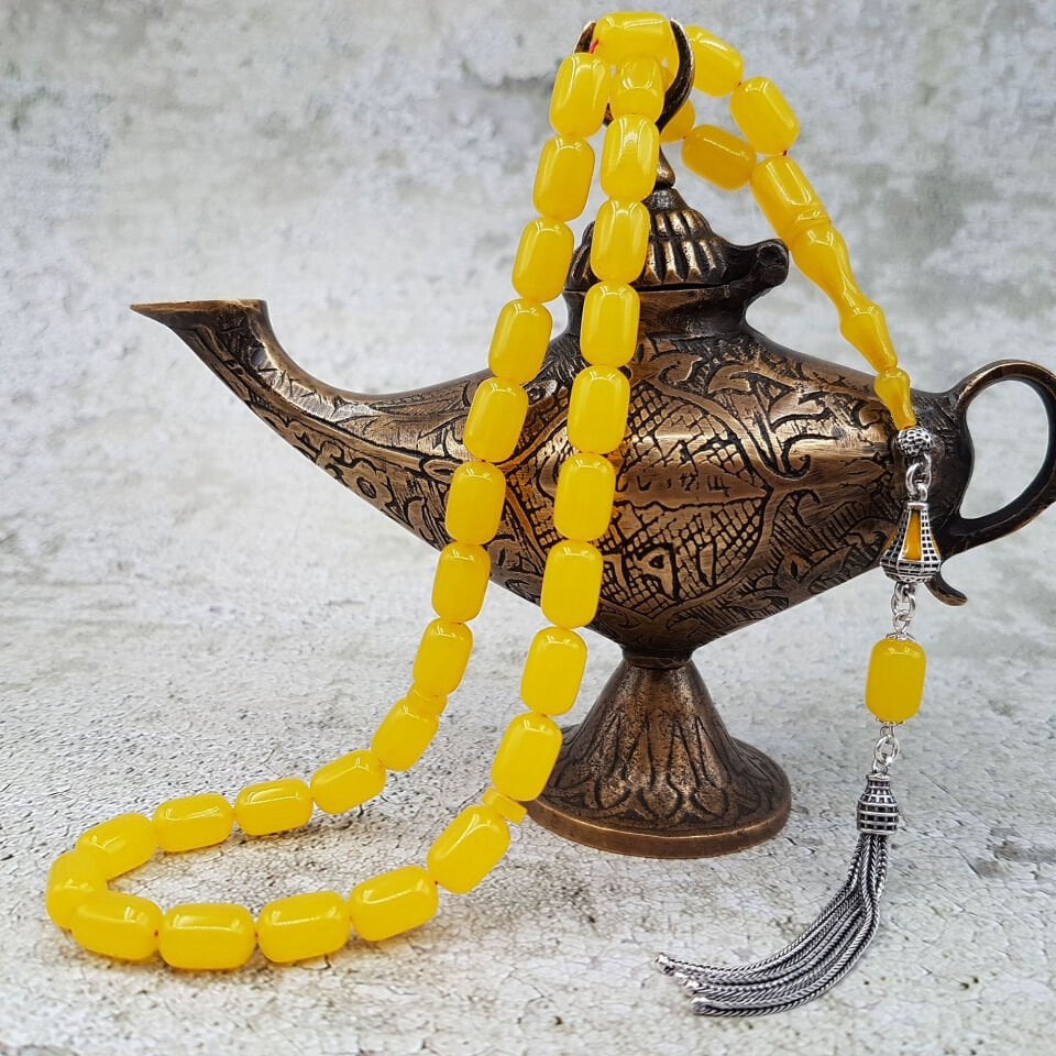 Gümüş Püskül Sarı Kapsül Sıkma Kehribar Tesbih