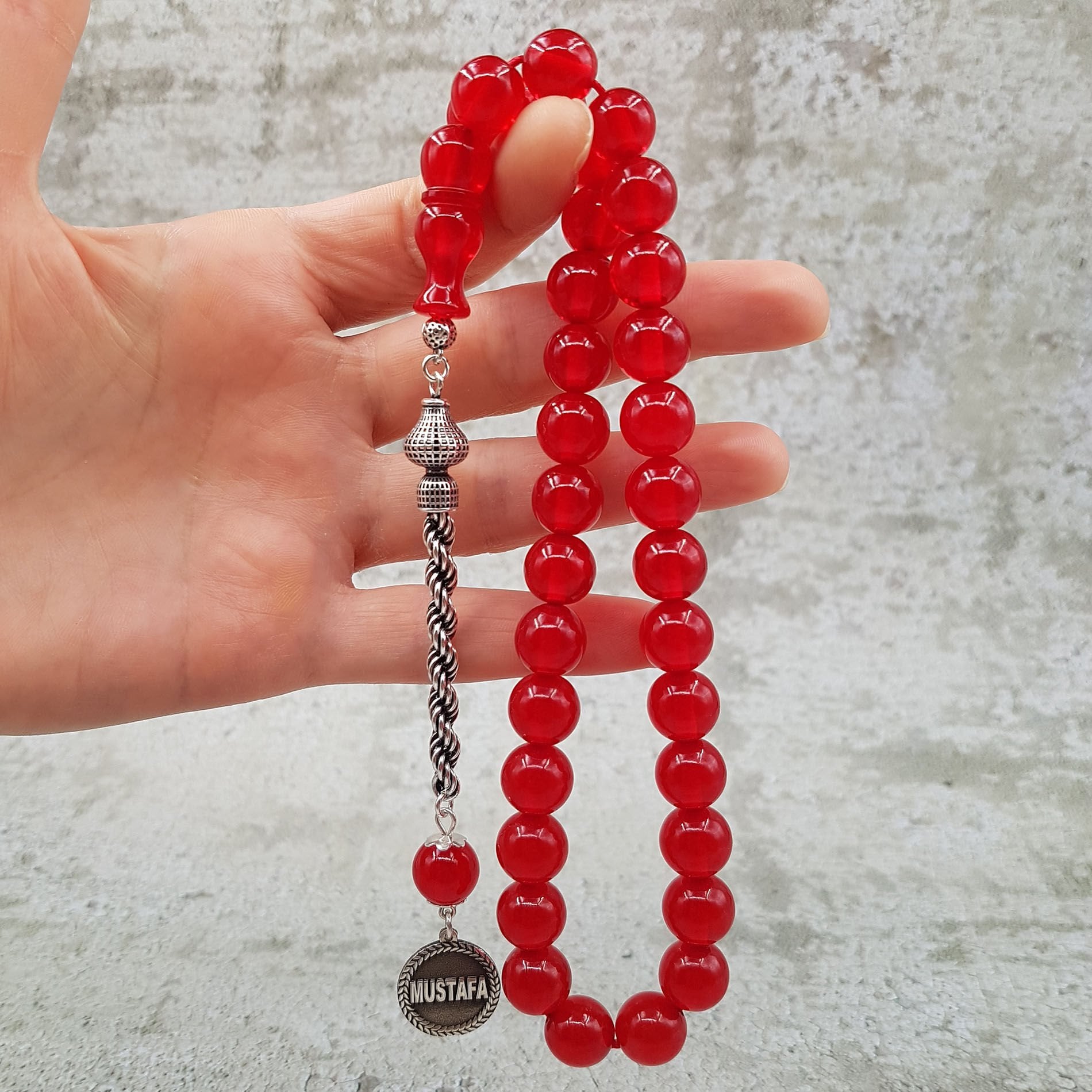 Kişiye Özel İsimli Kırmızı Sıkma Kehribar Tesbih