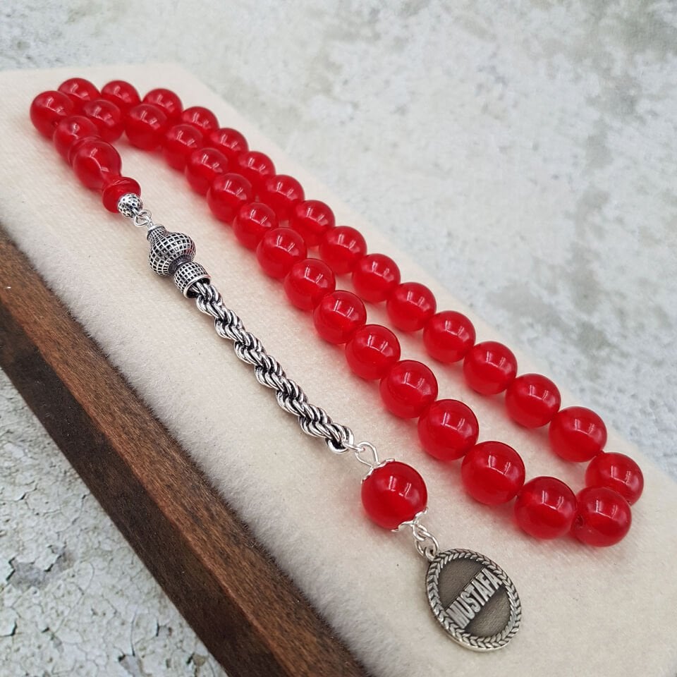 Kişiye Özel İsimli Kırmızı Sıkma Kehribar Tesbih