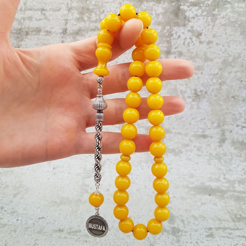 Kişiye Özel İsimli Sarı Sıkma Kehribar Tesbih