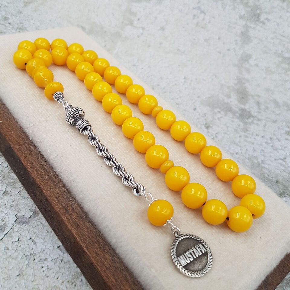 Kişiye Özel İsimli Sarı Sıkma Kehribar Tesbih