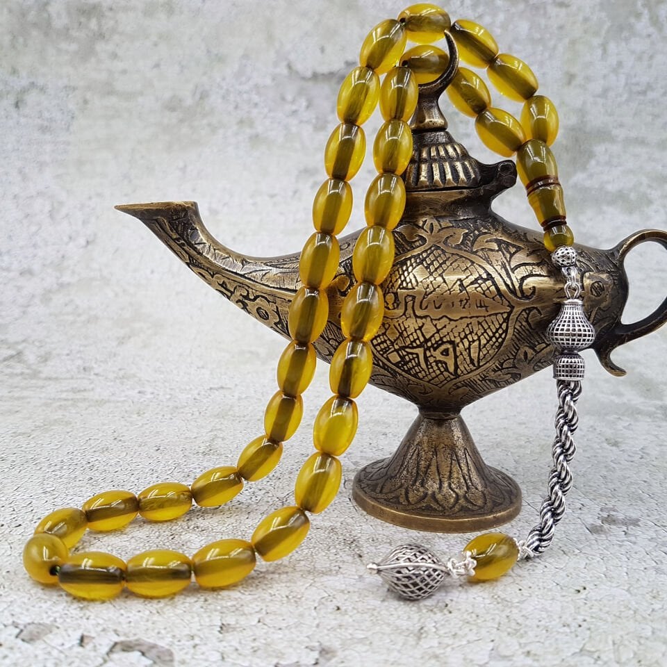 Gümüş Püskül Arpa Kesim Sıkma Kehribar Tesbih