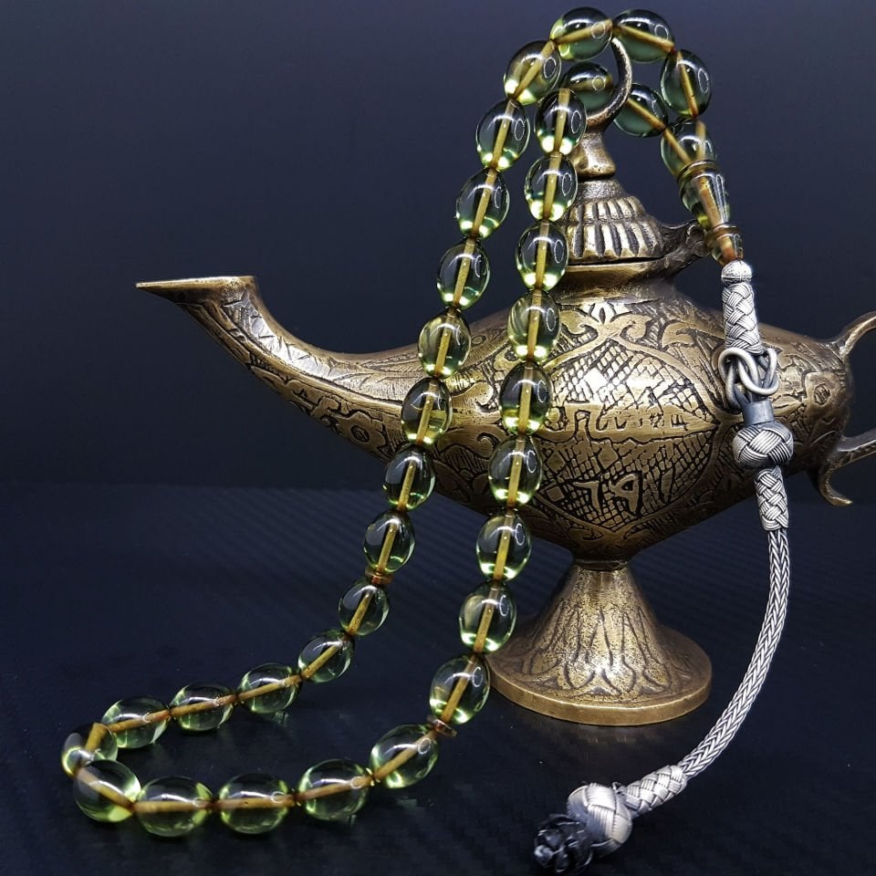 Gümüş Kazaz Çağla Yeşili Ateş Kehribar Tesbih