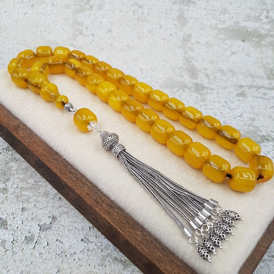 Dev Boy Gümüş Püskül Sıkma Kehribar Tesbih
