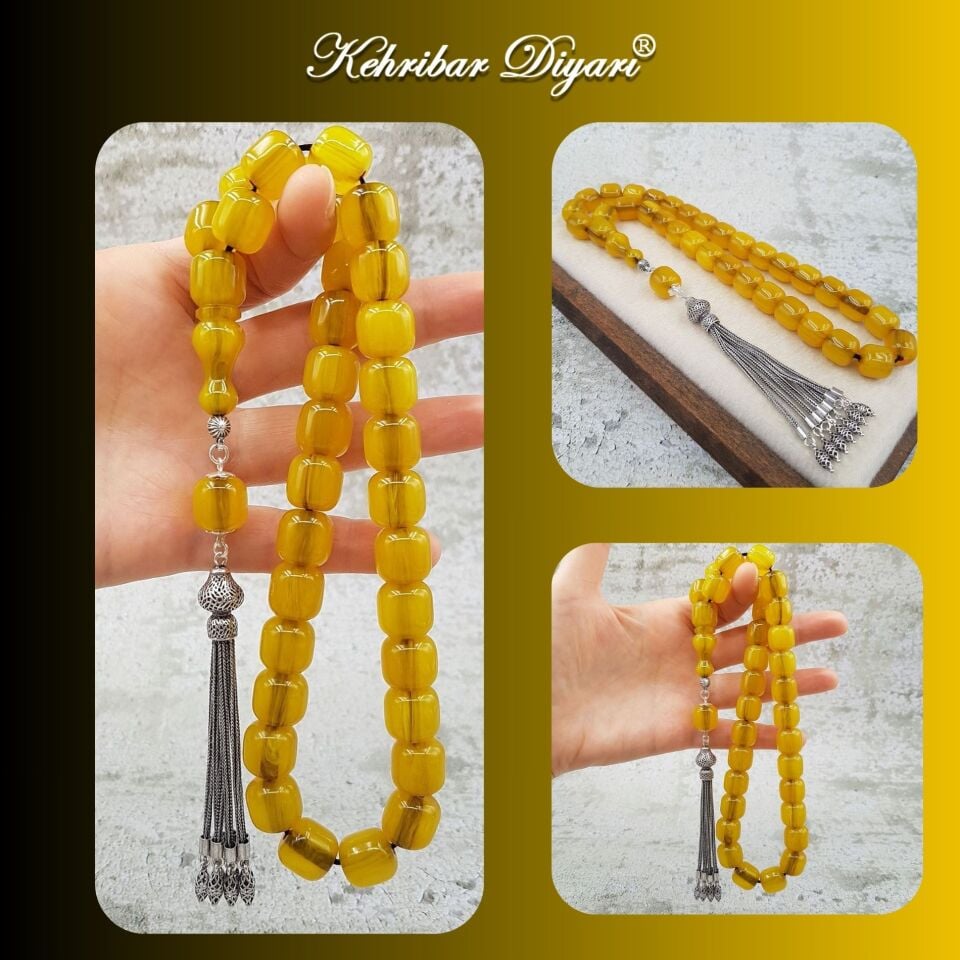 Dev Boy Gümüş Püskül Sıkma Kehribar Tesbih