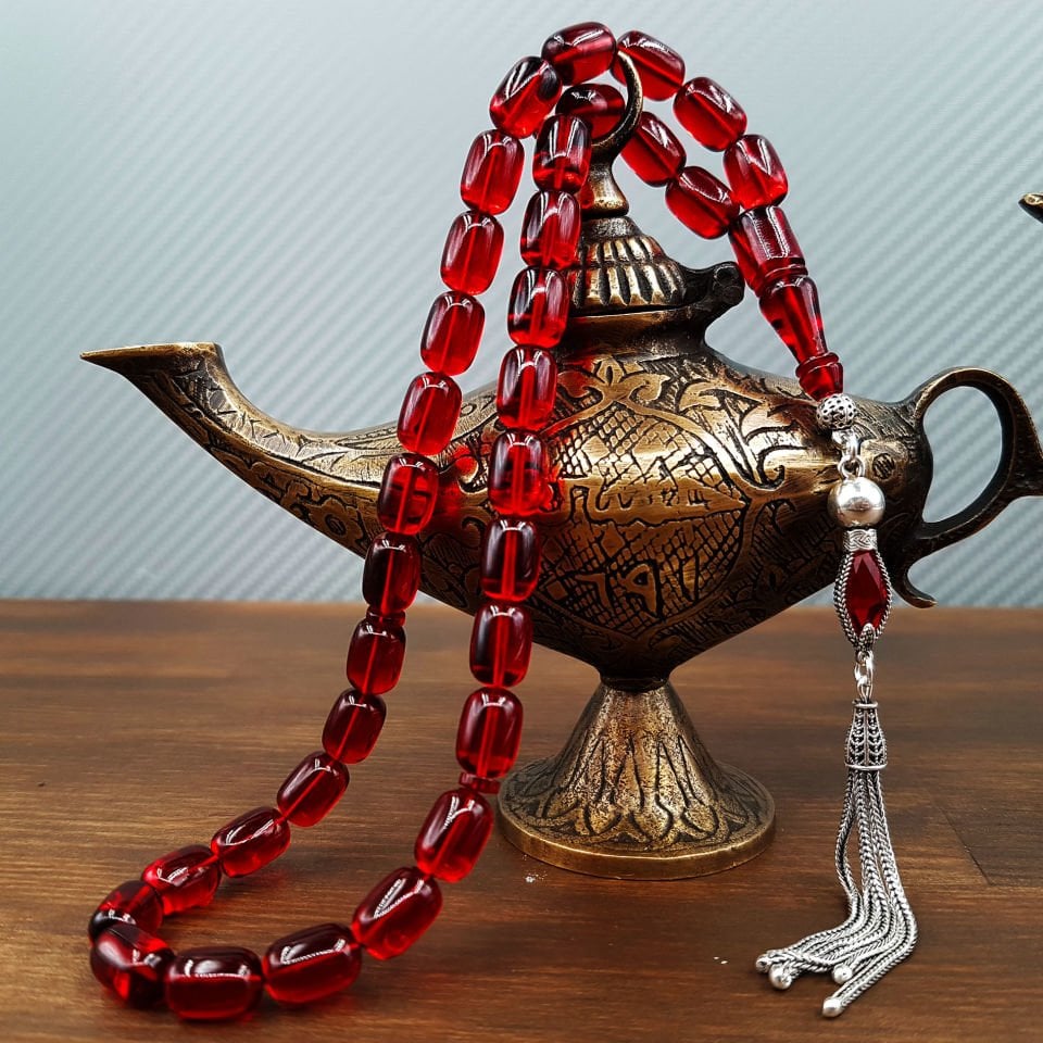 Gümüş Püskül Kırmızı Ateş Kehribar Tesbih