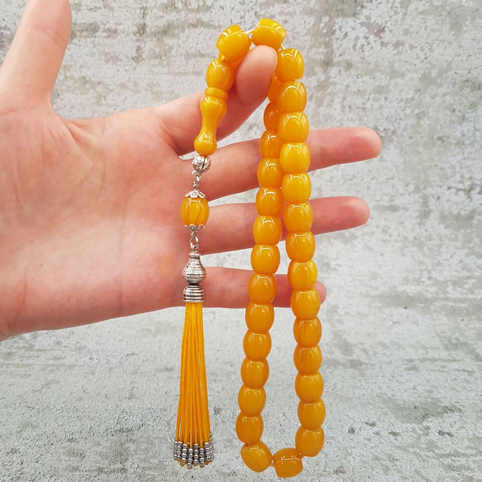 Büyük Boy SArı Fıçı Kesim Sıkma Kehribar Tesbih