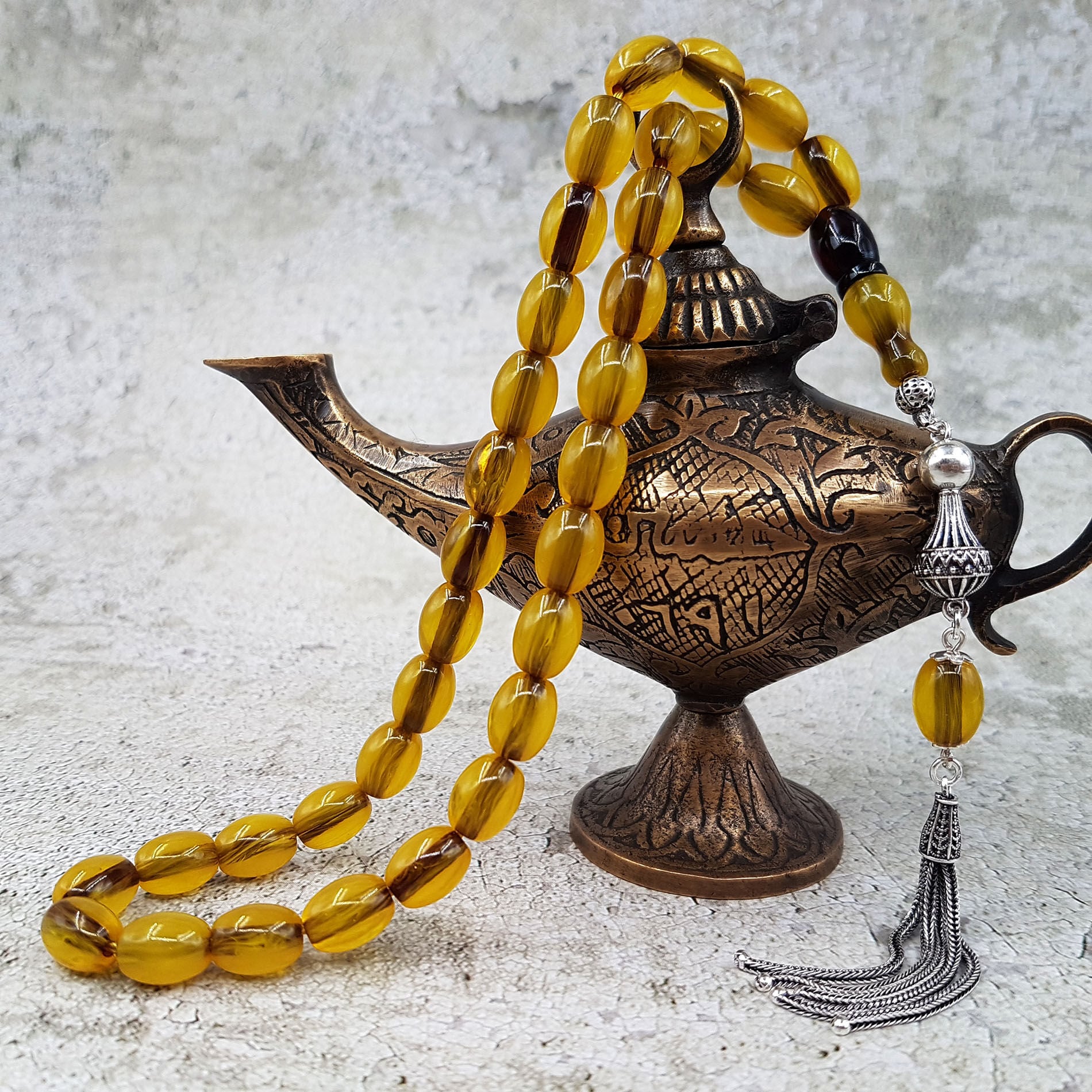 Gümüş Püskül Sarı Beyzi Sıkma Kehribar Tesbih