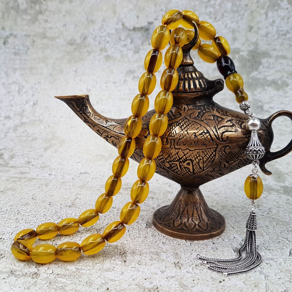 Gümüş Püskül Sarı Beyzi Sıkma Kehribar Tesbih