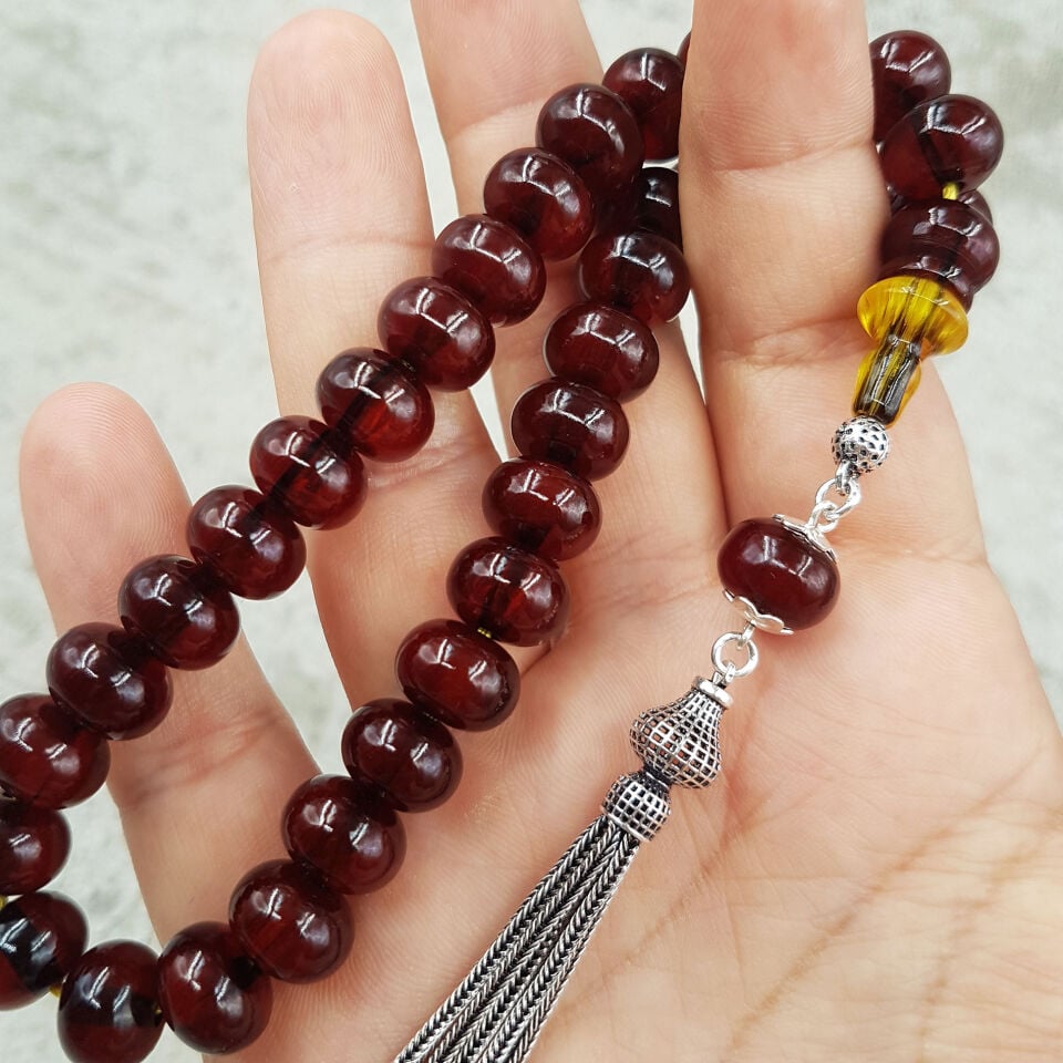 Gümüş Püskül İmame Tıraşlı Teker Sıkma Kehibar Tesbih