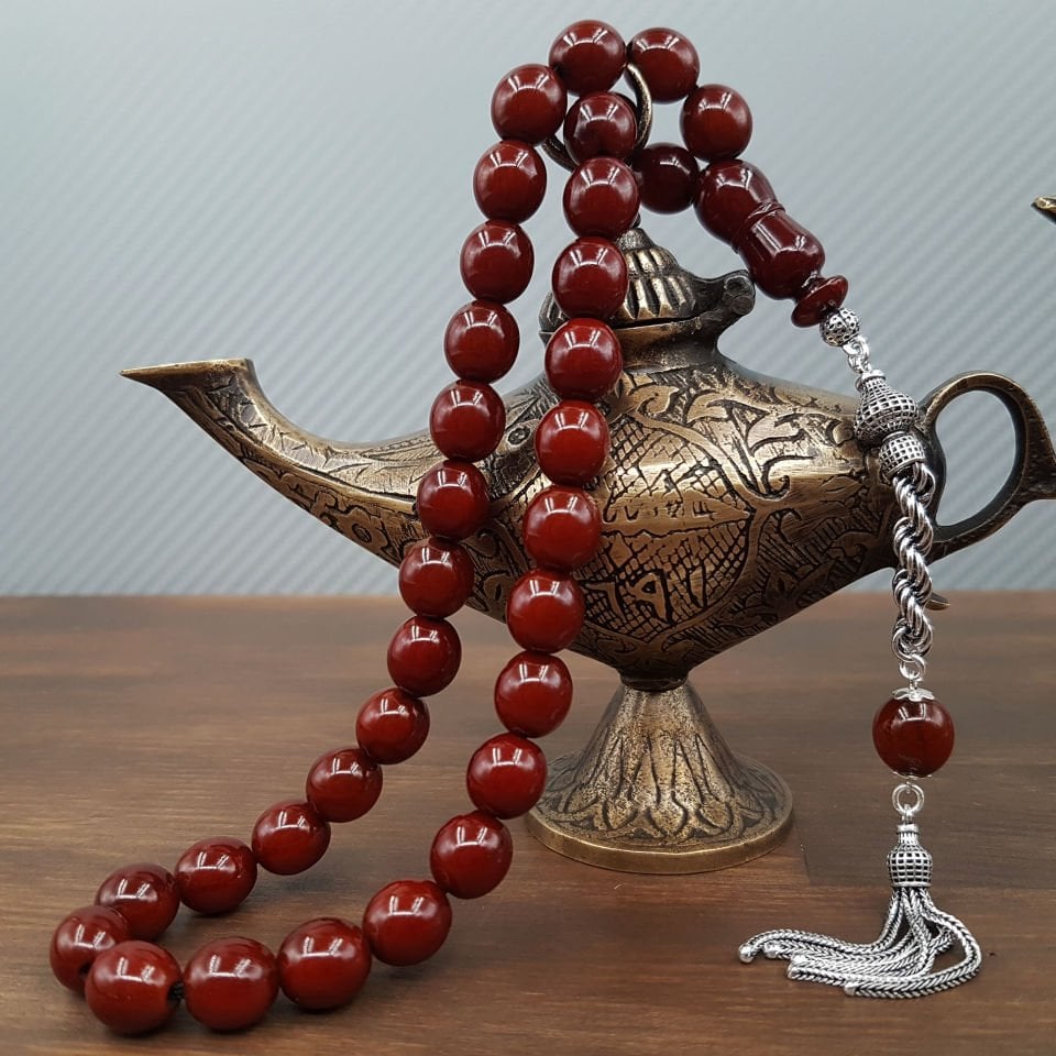 Gümüş Püskül Beyzi Kesim Sıkma Kehribar Tesbih