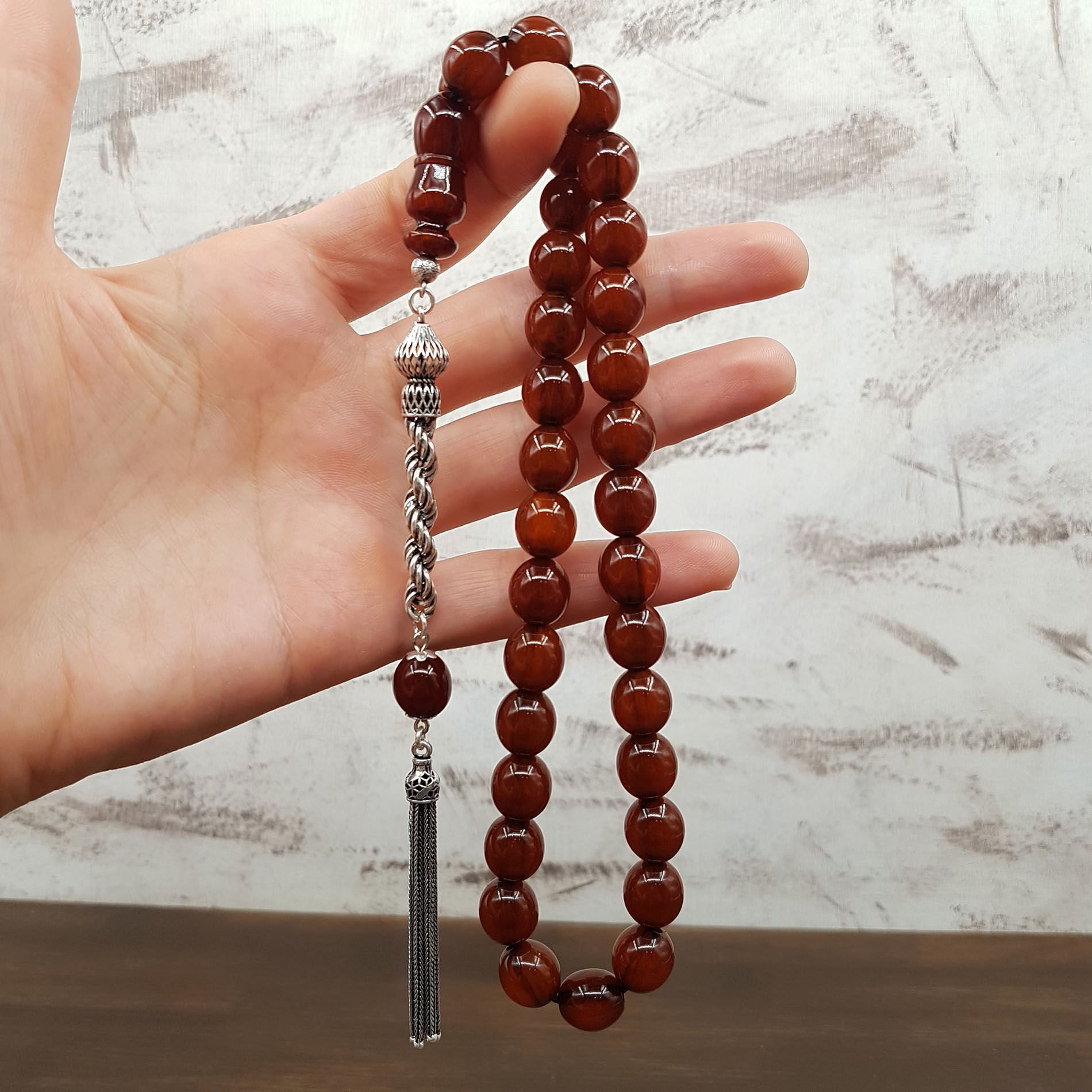 Gümüş Püskül Beyzi Kesim Sıkma Kehribar Tesbih