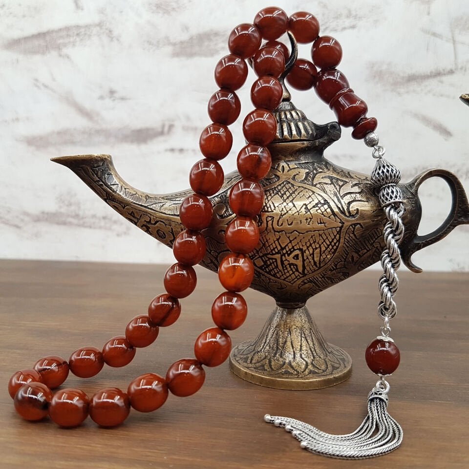 Gümüş Püskül Beyzi Kesim Sıkma Kehribar Tesbih