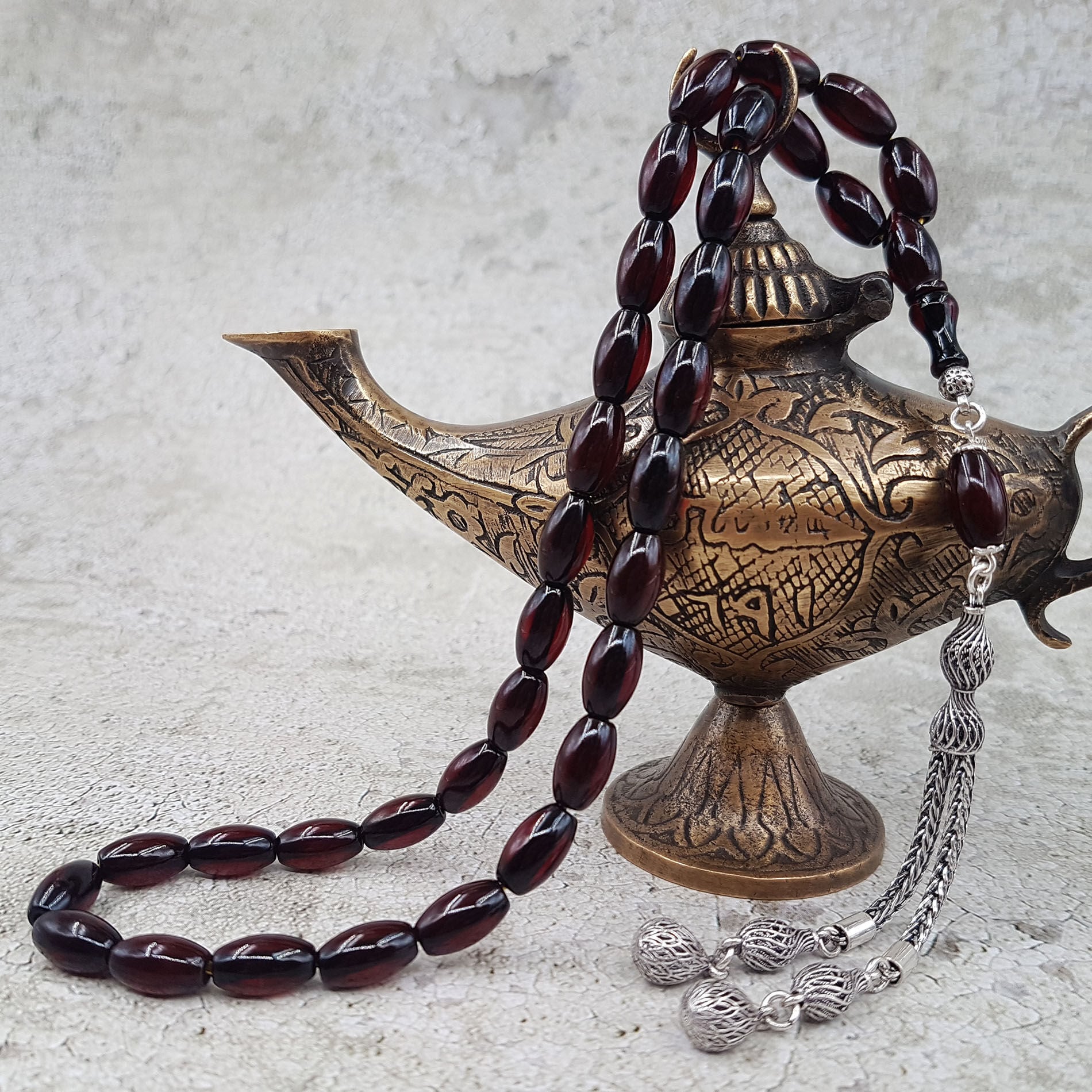 Gümüş Püskül  Arpa Kesim Sıkma Kehribar Tesbih
