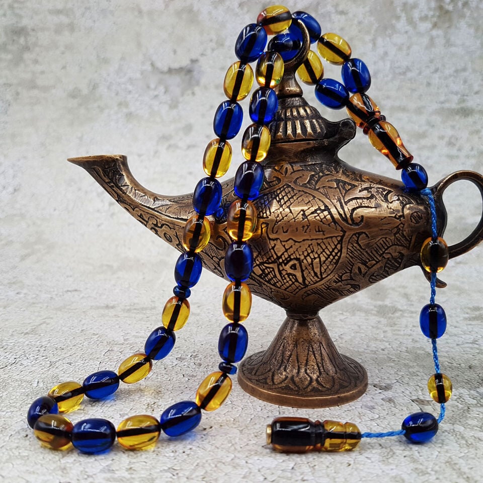 Sarı Lacivert Ateş Kehribar Tesbih